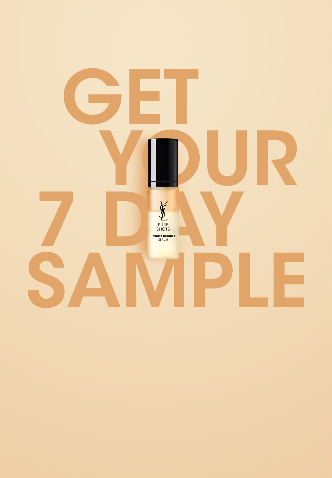 A promotional image featuring a skincare product sample against a soft peach background, with the text "Get Your 7 Day Sample" in bold letters.