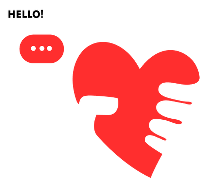 Rood hart-icoon dat wordt vastgegrepen door een donkere hand met tekstballonnen "HELLO!" en "...".