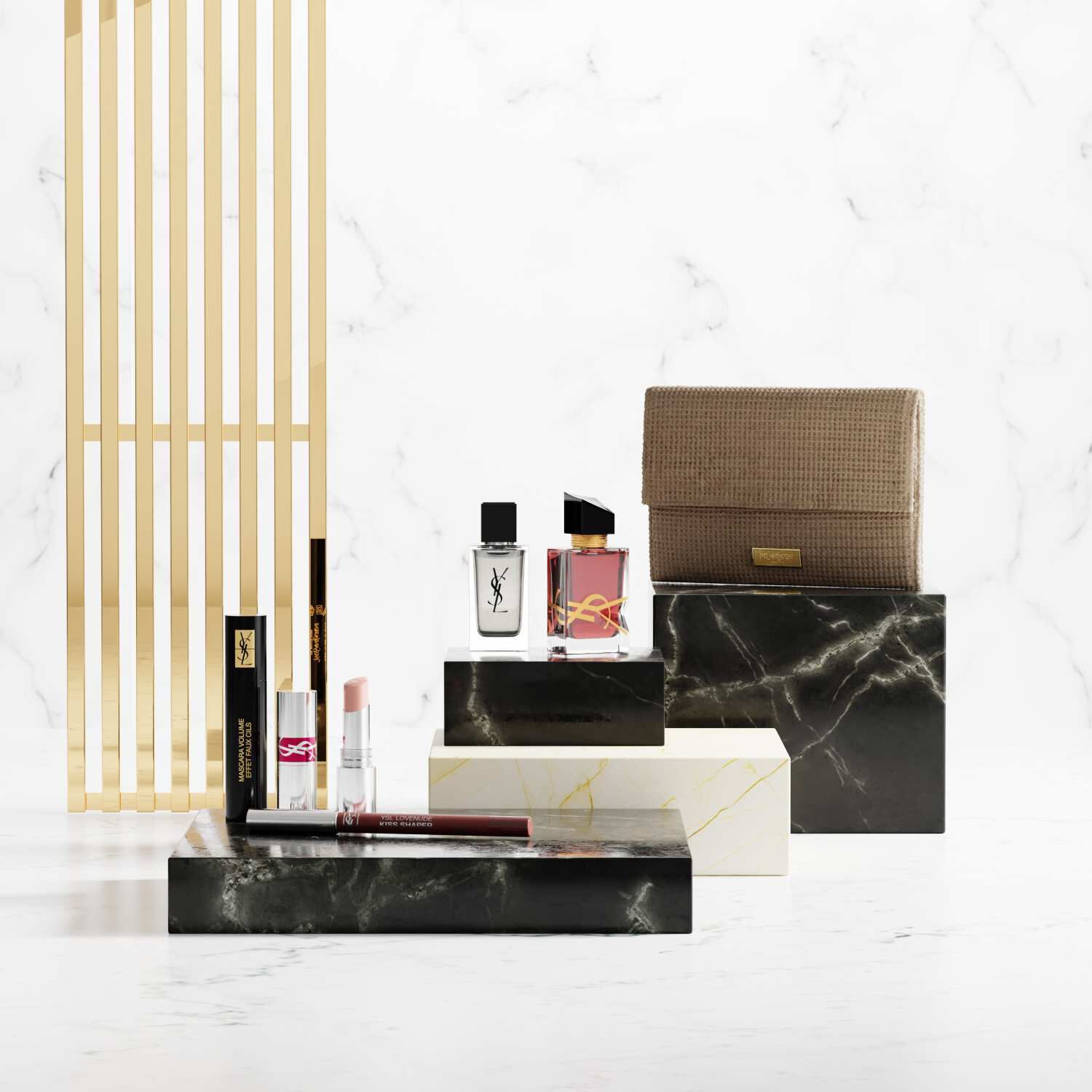 YSL-schoonheidsproducten op luxe marmeren sokkels.