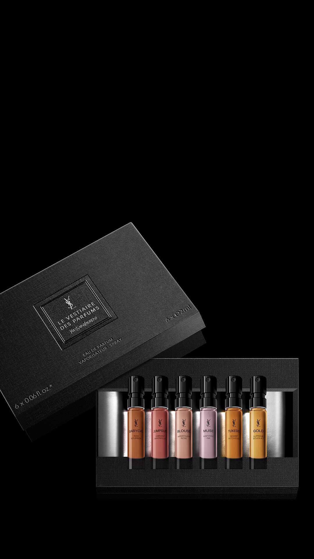 Yves Saint Laurent Le Vestiaire des Parfums ontdekkingsset met zes miniaturen van 2 ml in een zwarte luxe doos met textuur.