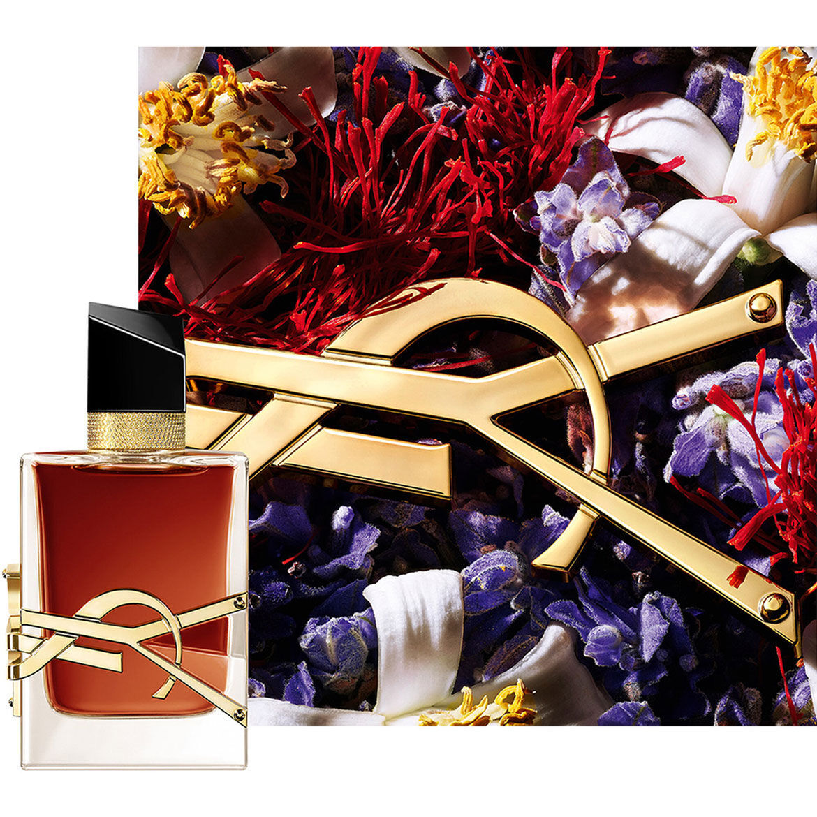 LIBRE LE PARFUM-flacon gestyled met rode florale elementen en een gouden YSL-logo.