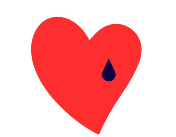 Rood hart-icoon met een donkerblauwe traan op een witte achtergrond.