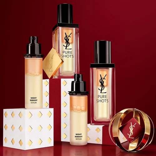 YSL Pure Shots Night Reboot-serumflacons en feestelijke verpakkingen.