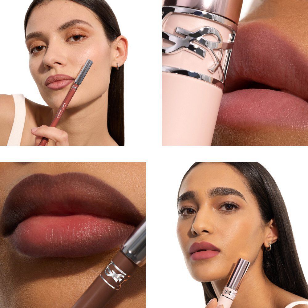 Collage van YSL-lippotlood en lip blusher, met close-ups van nude-roze lippen en een zachtroze YSL-tube.