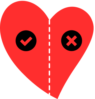 Rood hart gedeeld door een stippellijn met vinkje- en kruis-iconen.