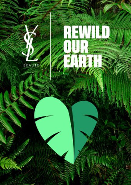 A lush green background of ferns features the text "REWILD OUR EARTH" alongside the YSL logo and a stylized green heart shaped like a leaf.
