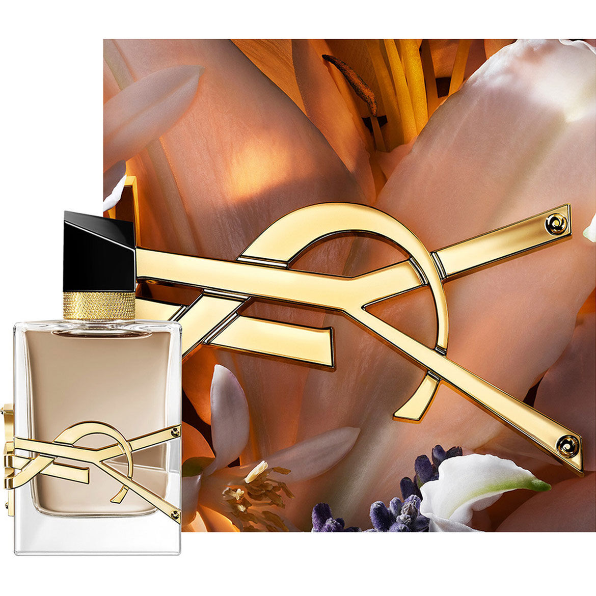 LIBRE FLOWERS & FLAMES-flacon omlijst met romige bloemblaadjes en een gouden YSL-logo in warm licht.