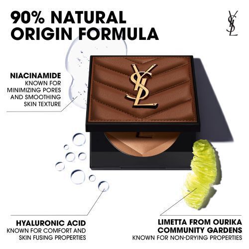 Alt text: "An elegant compact featuring a smooth powder with the YSL logo, highlighting ingredients: niacinamide, hyaluronic acid, and limetta from Ourika community gardens, promoting natural origin and skin benefits."