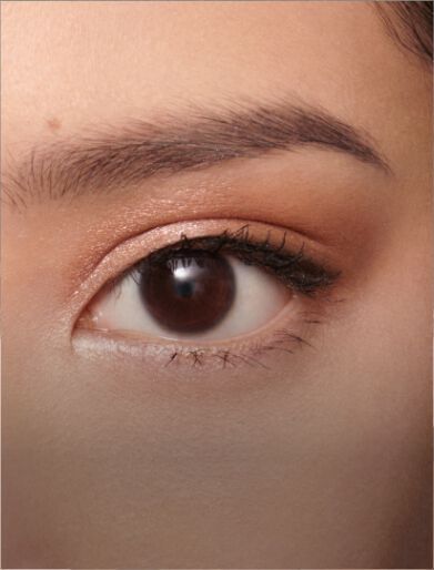 Close-up of a brown eye with long eyelashes, a softly blended eyeshadow in warm tones, and well-groomed eyebrows.