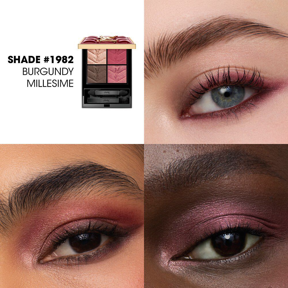 Close-ups van oogmake-up met shade #1982 Burgundy Millesime, aangebracht op verschillende huidtinten.