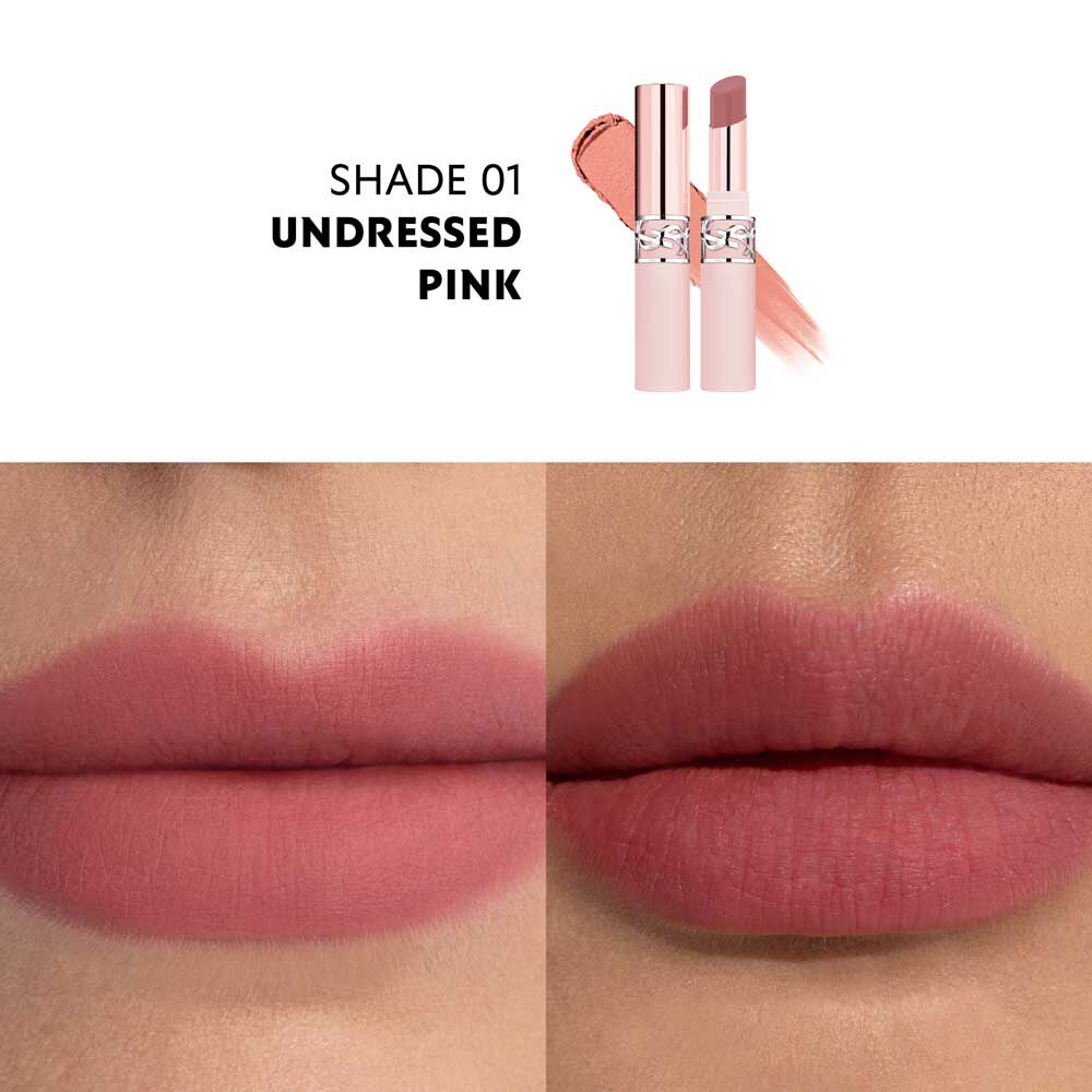YSL LOVENUDE Lip Blusher, tint 1. Multiframe close-up van lippen die het product dragen.
