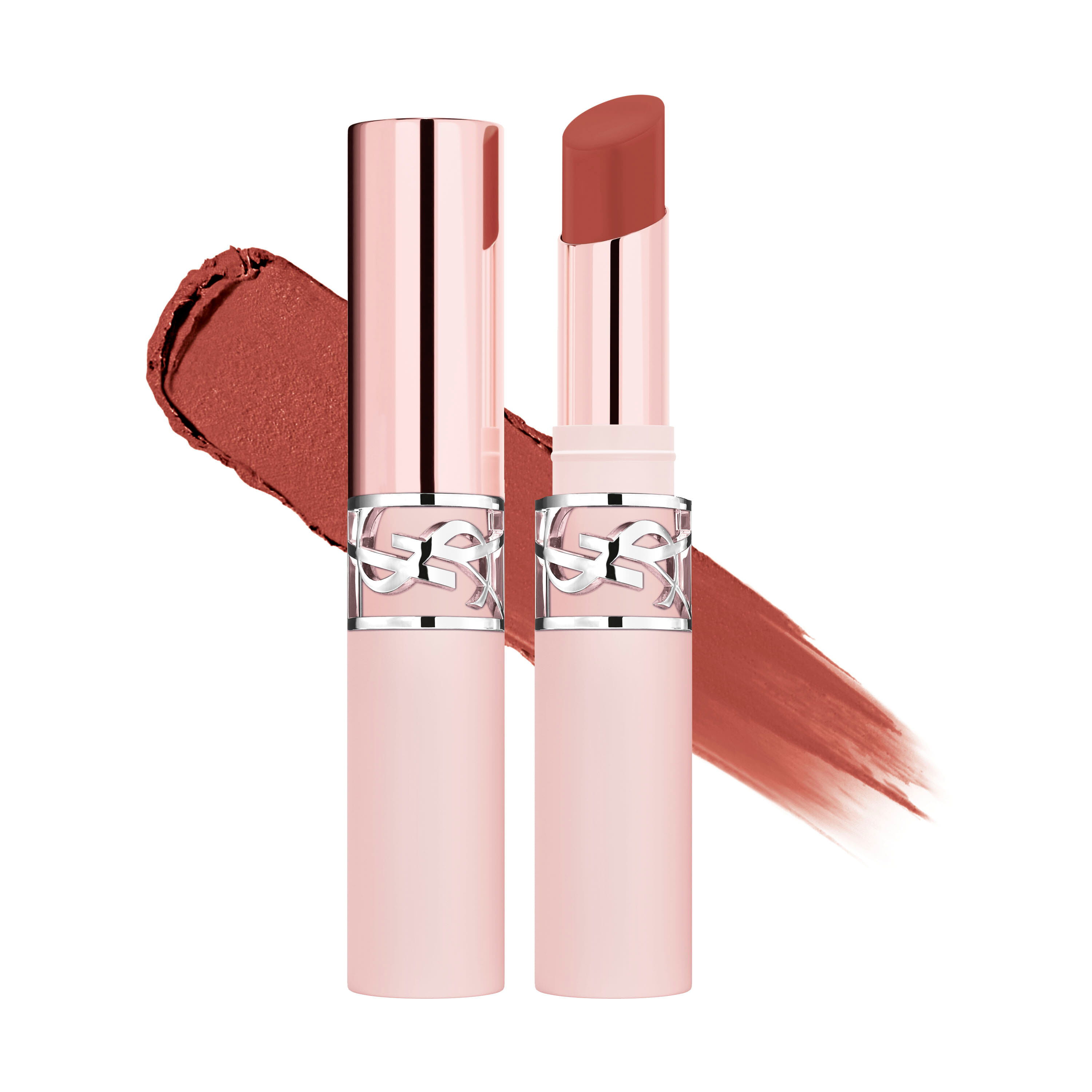 YSL LOVENUDE Lip Blusher, kleur 05 Appelsin. Pak van geopend en gesloten product met een proeflap.