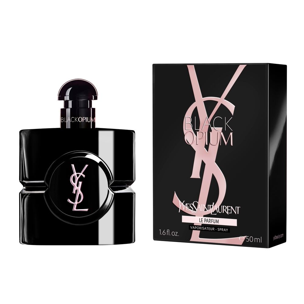 Black Opium Le Parfum-flacon naast het zwarte doosje met de roze YSL Cassandre.