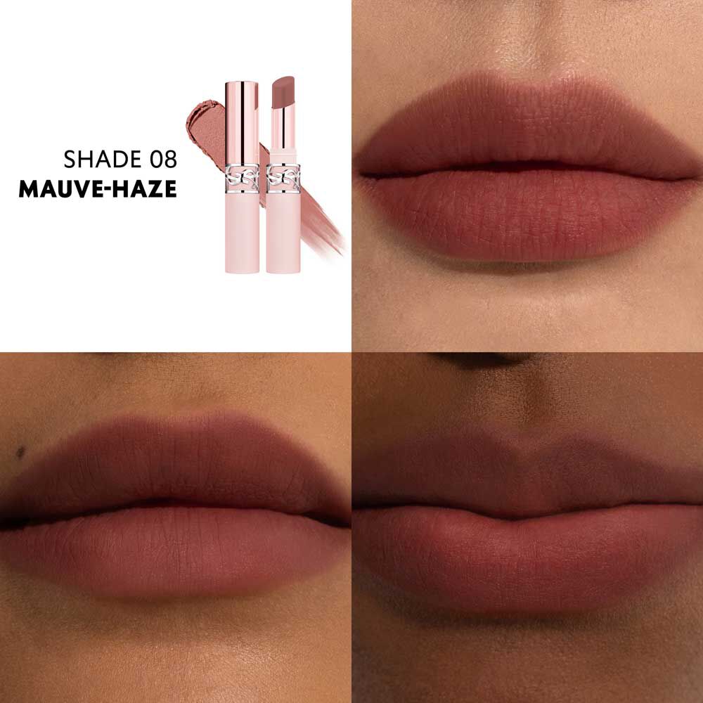 YSL LOVENUDE Lip Blusher, kleur 8. Multiframe close-up van lippen die het product dragen.