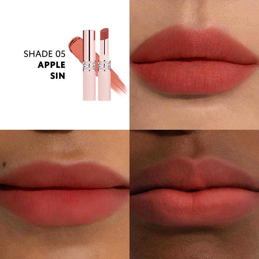 YSL LOVENUDE Lip Blusher, kleur 5. Multiframe close-up van lippen die het product dragen.