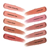 YSL LOVENUDE Lip Blusher. Volledig bereik van 10 tinten met namen, geswatched op een witte achtergrond.