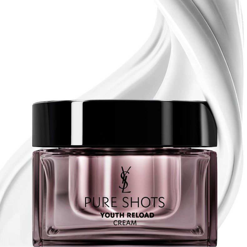 YSL Beauty Pure Shots Youth Reload cream jar with swirling texture, highlighting smooth, plumped skin claims.