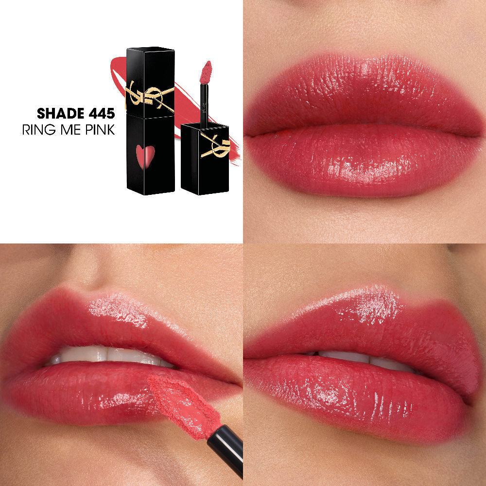 Collage met de YSL lip stain-fles en textuurstaal (linksboven) naast drie close-up lipstalen op verschillende huidtinten, waaronder een die wordt aangebracht met de applicator.