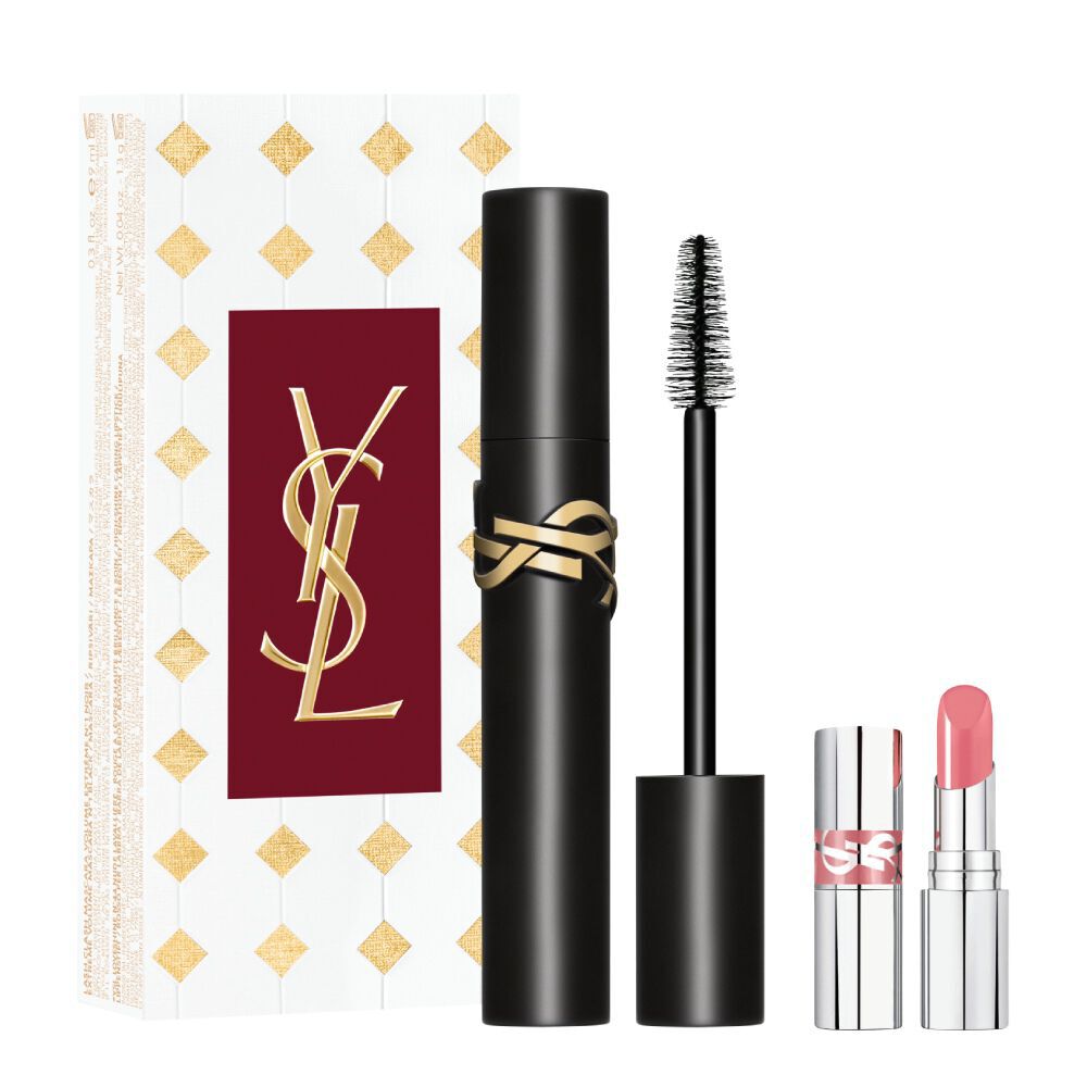 YSL Lash Clash mascara geschenkset met zwarte mascara, mini roze lippenstift en feestelijke verpakking.