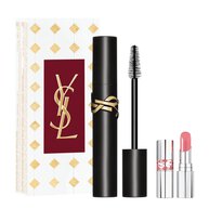YSL Lash Clash mascara geschenkset met zwarte mascara, miniatuur roze lippenstift en feestelijke verpakking.