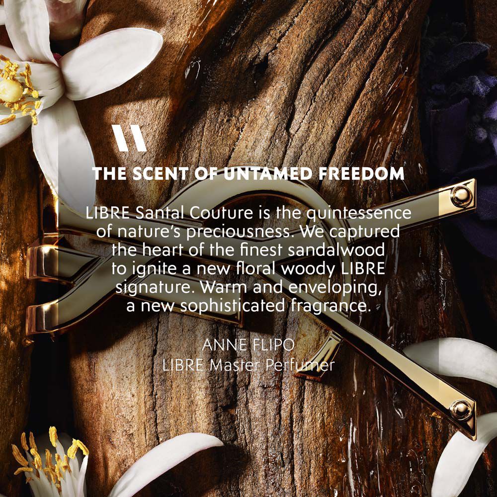 Sandalwood background with white flowers, a gold YSL logo, and a quote by Master Perfumer Anne Flipo describing LIBRE Santal Couture as a warm, sophisticated floral woody fragrance.