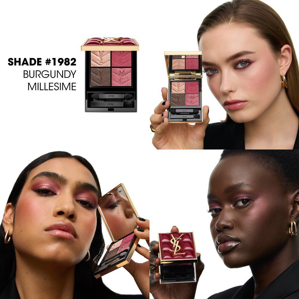 Drie modellen tonen de YSL Couture Mini Clutch collector palette in tint #1982 Burgundy Millesime.