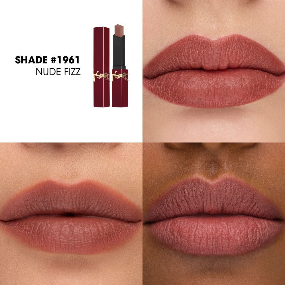 Close-ups van YSL The Slim Collector tint #1961 Nude Fizz aangebracht op drie verschillende liptinten