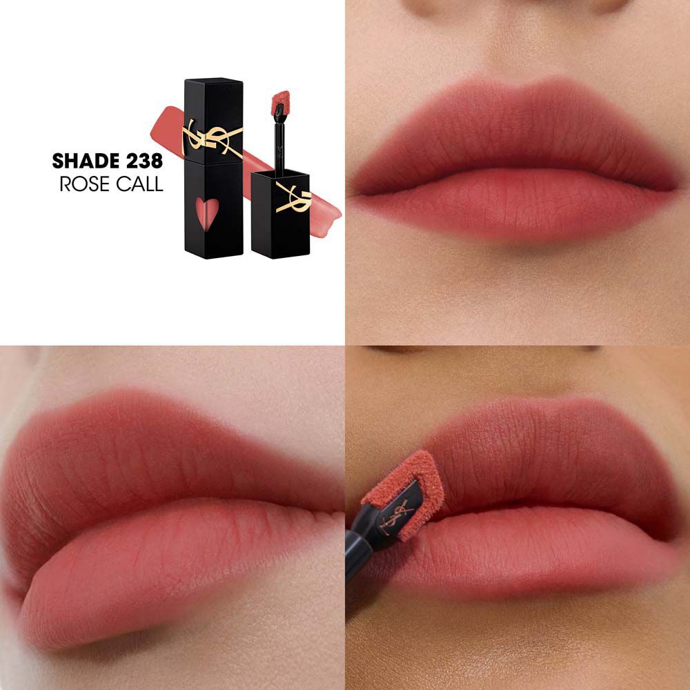 Collage met de YSL lip stain-fles en textuurstaal (linksboven) naast drie close-up lipstalen op verschillende huidtinten, waaronder een die wordt aangebracht met de applicator.