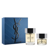 YSL L'Homme Eau de Toilette Duo Spring Set met blauwe cadeaudoos, L'Homme EDT 100 ml fles en 40 ml fles op een witte achtergrond.