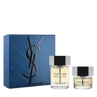 YSL L'Homme Eau de Toilette Duo Spring Set met blauwe cadeaudoos, L'Homme EDT 100 ml fles en 40 ml fles op een witte achtergrond.