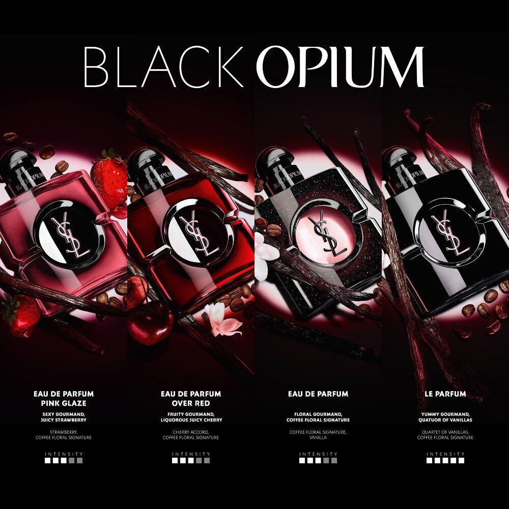 YSL Black Opium-vergelijking met de noten en intensiteit van vier geuren: Pink Glaze (aardbei), Over Red (kers), Eau de Parfum (klassiek koffie-bloemig) en Le Parfum (vanillekwartet).