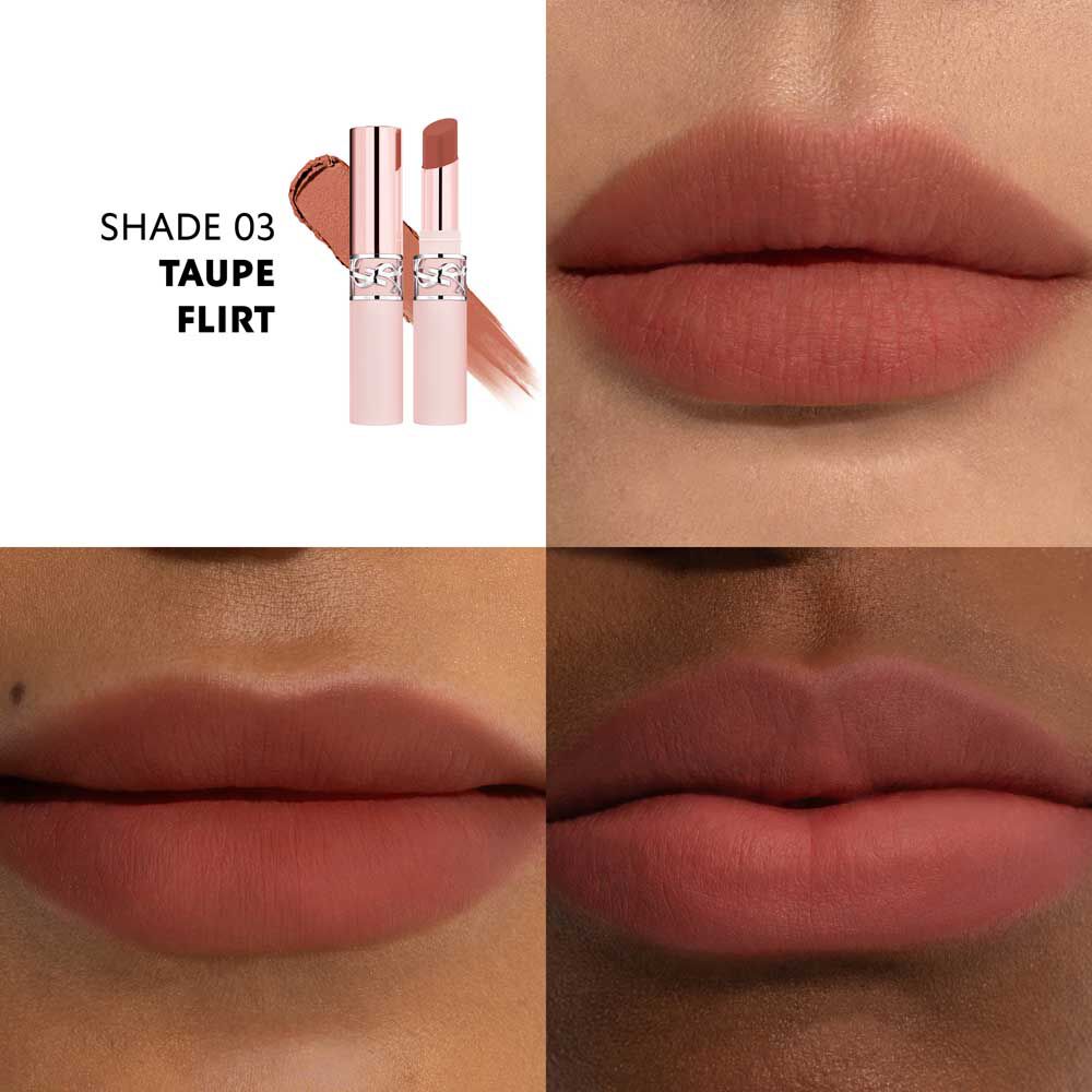 YSL LOVENUDE Lip Blusher, schaduw 3. Multiframe close-up van lippen die het product dragen.
