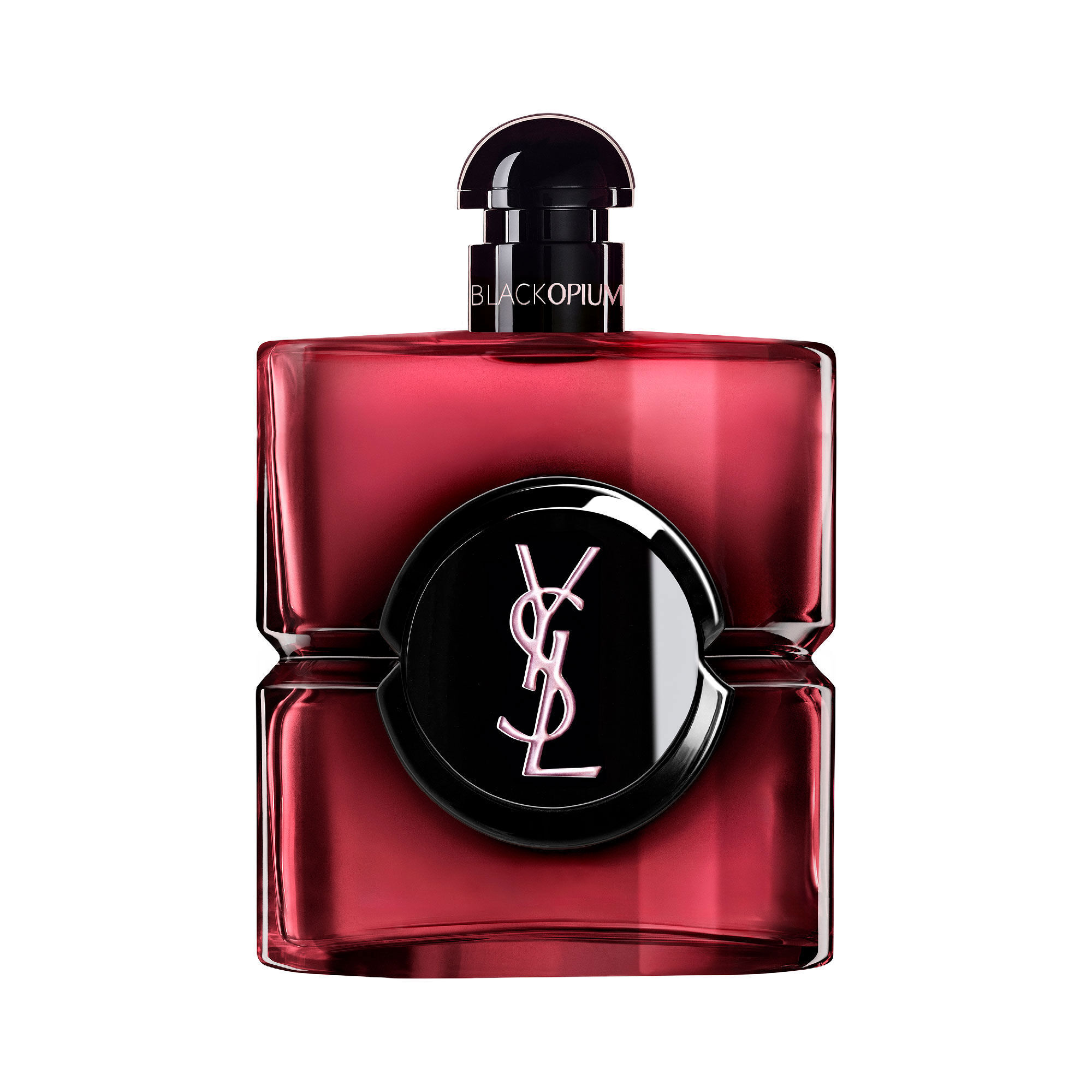 Black Opium Eau de Parfum Pink Glaze flacon in donkerroze lak
                        met een zwart middenstuk en het zilveren YSL Cassandre-logo.