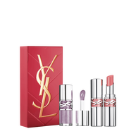 YSL Lip Duo Spring Set met cadeaudoos, Loveshine gloss kleur 01 en Loveshine lipstick kleur 44 op een witte achtergrond.