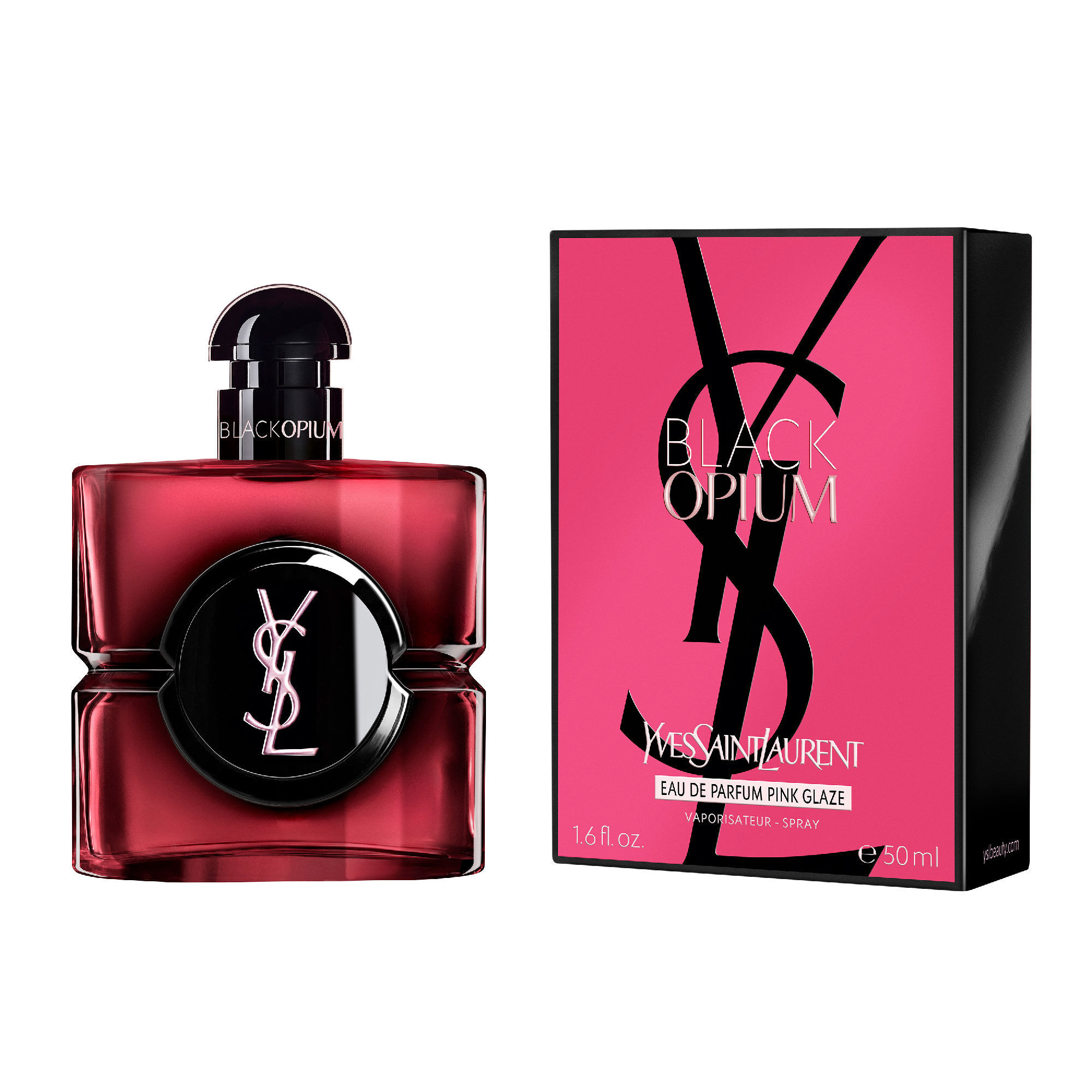 Black Opium Eau de Parfum Pink Glaze flacon naast de
                        fuchsiakleurige en zwarte doos met het YSL Cassandre-logo.