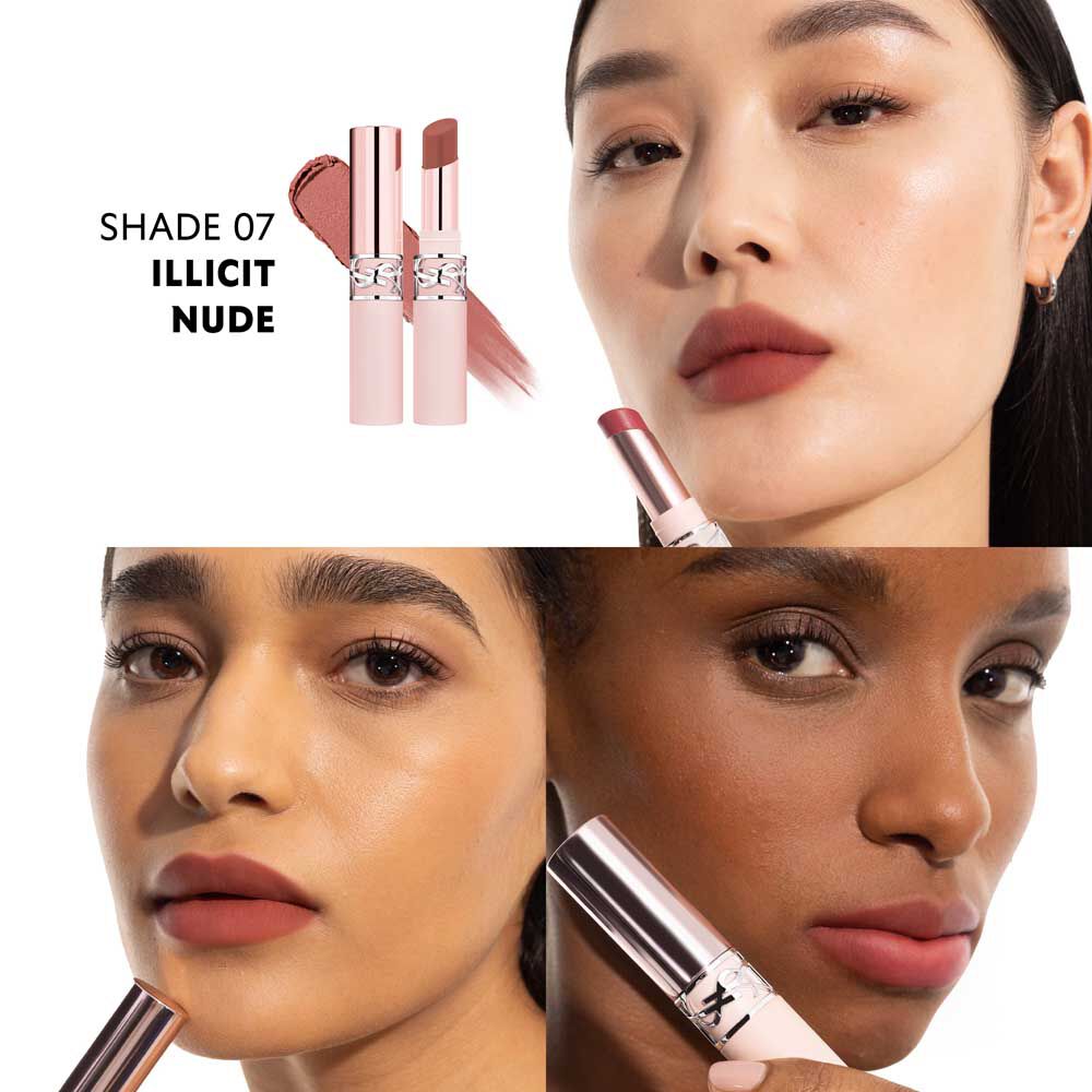 Model met YSL LOVENUDE LIP BLUSHER kleur 07 Illicit Nude met zachte matte afwerking.