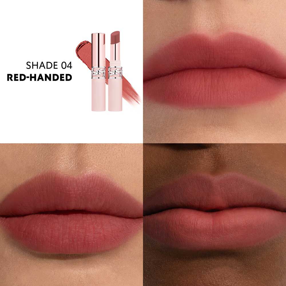 YSL LOVENUDE Lip Blusher, kleur 4. Multiframe close-up van lippen die het product dragen.