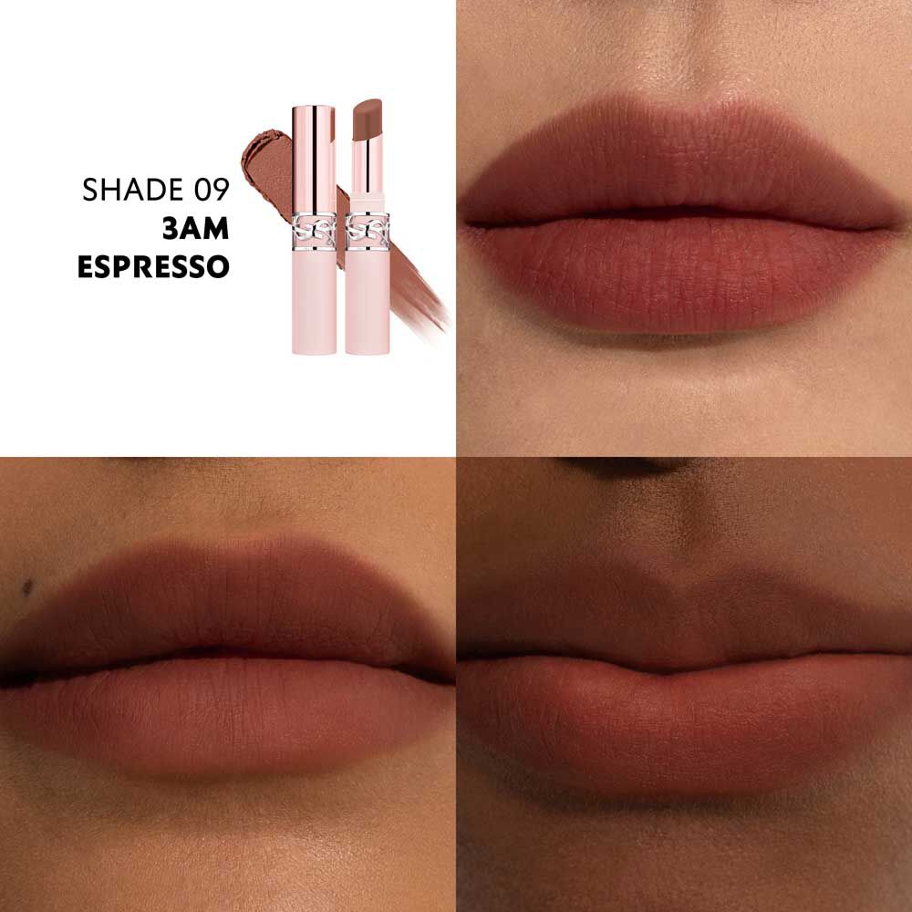 YSL LOVENUDE Lip Blusher, schaduw 9. Multiframe close-up van lippen die het product dragen.