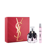 YSL Mon Paris Eau de Parfum Duo Lente Set met cadeaudoos, Mon Paris Eau de Parfum 30 ml en 10 ml reisspray op een witte achtergrond.