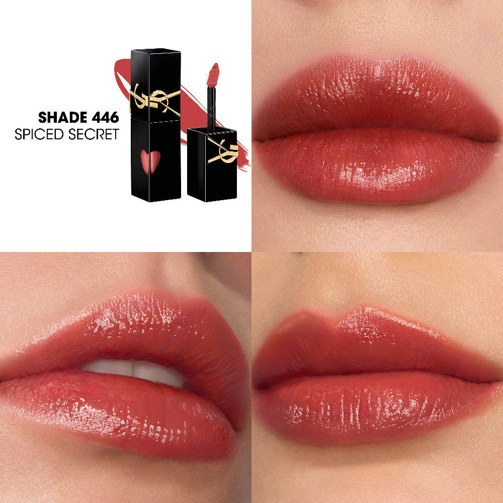 Collage met de YSL lip stain-fles en textuurstaal (linksboven) naast drie close-up lipstalen op verschillende huidtinten, waaronder een die wordt aangebracht met de applicator.