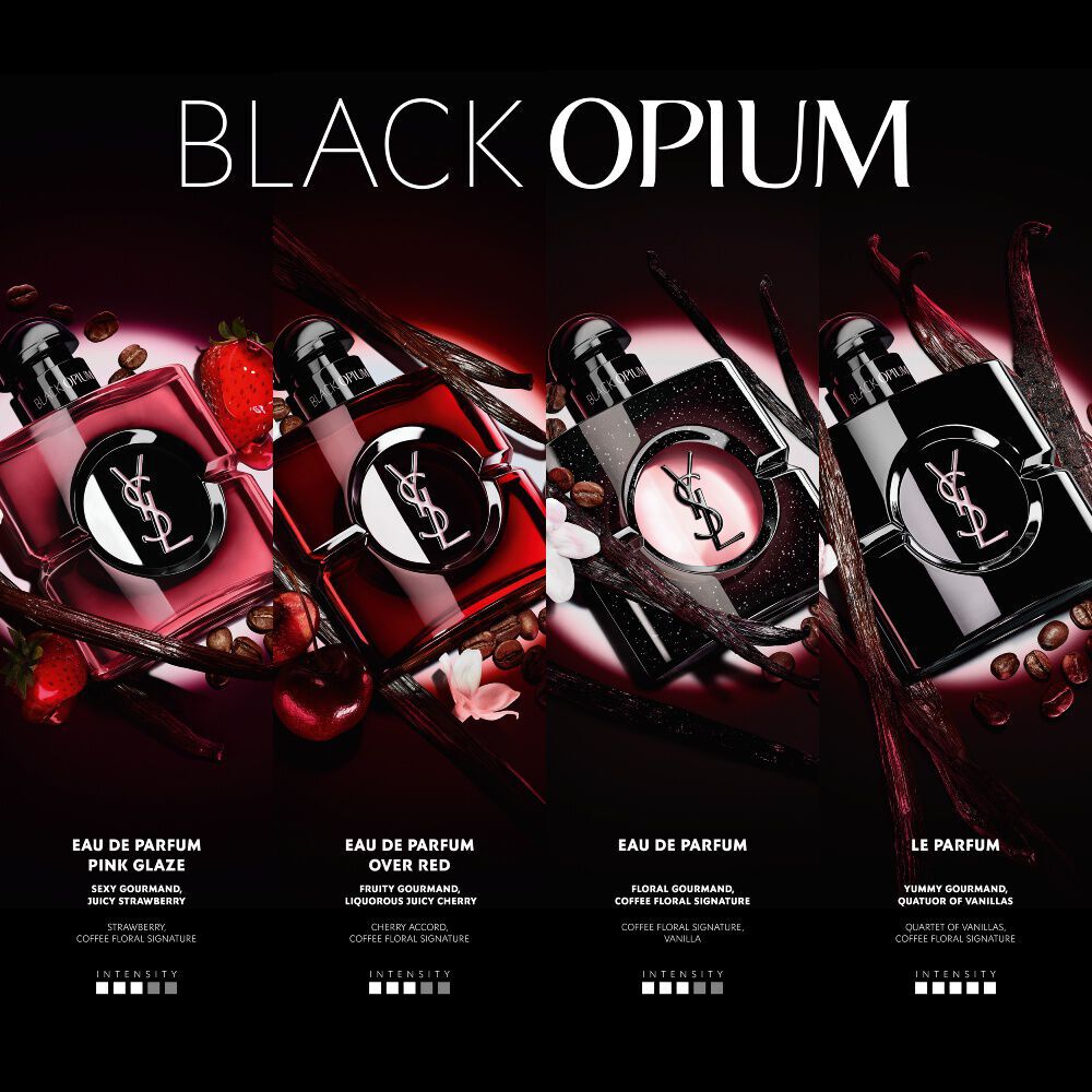 YSL Black Opium-vergelijking met de noten en intensiteit van vier geuren: Pink Glaze (aardbei), Over Red (kers), Eau de Parfum (klassiek koffie-bloemig) en Le Parfum (vanillekwartet).