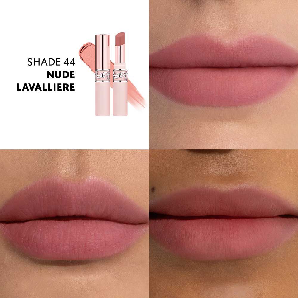 YSL LOVENUDE Lip Blusher, kleur 44. Multiframe close-up van lippen die het product dragen.