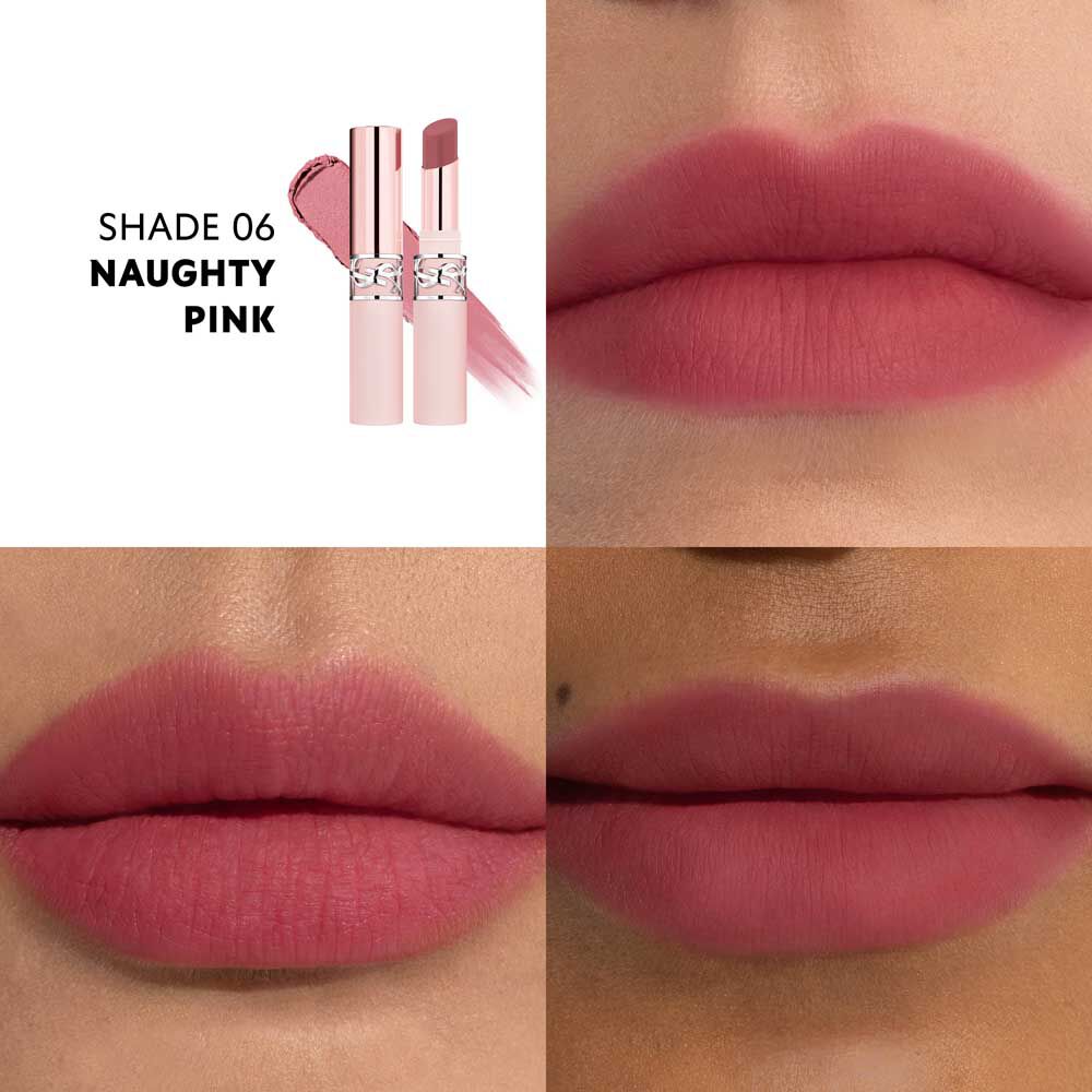 YSL LOVENUDE Lip Blusher, kleur 6. Multiframe close-up van lippen die het product dragen.