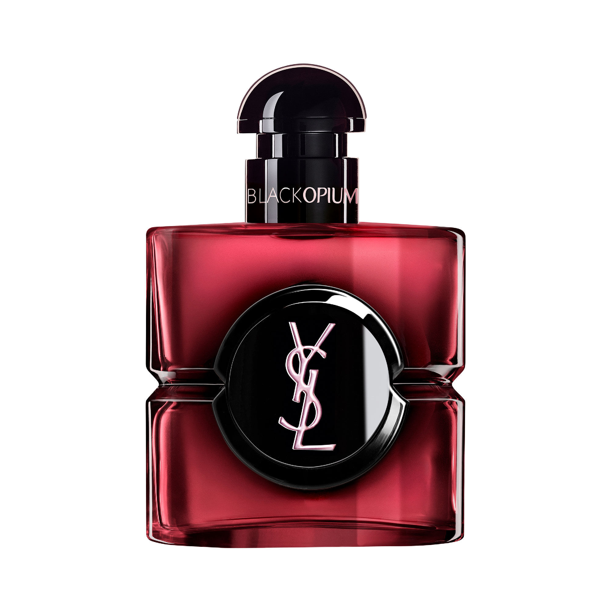 Black Opium Eau de Parfum Pink Glaze flacon in donkerroze lak
                        met een zwart middenstuk en het zilveren YSL Cassandre-logo.