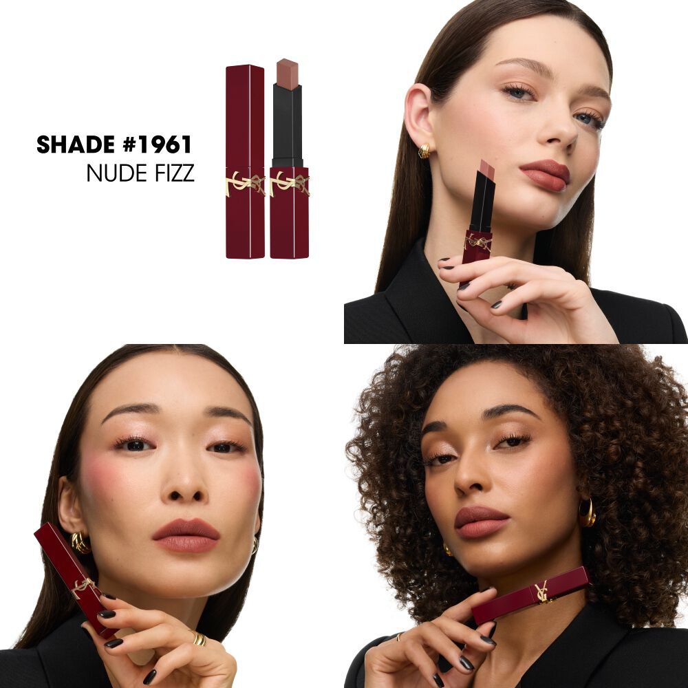 Verschillende modellen poseren met de YSL The Slim Collector lippenstift in nude tint #1961.