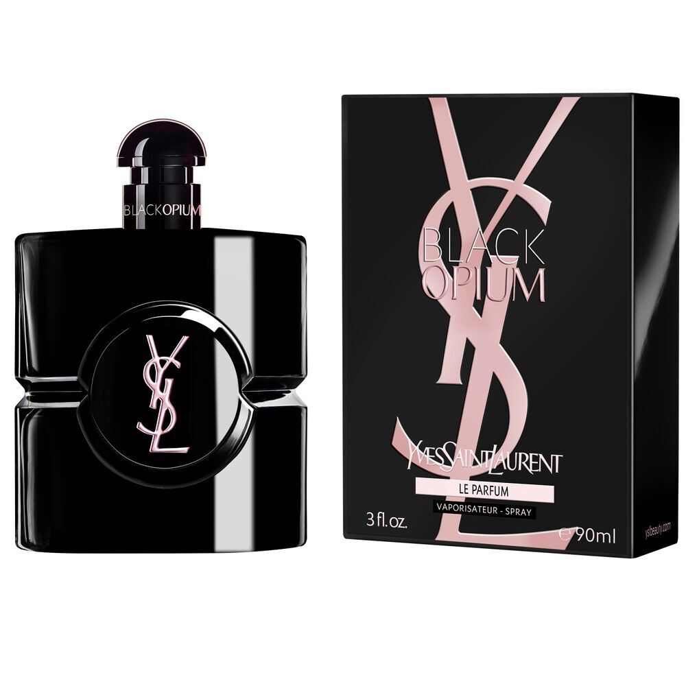 Black Opium Le Parfum-flacon naast het zwarte doosje met de roze YSL Cassandre.