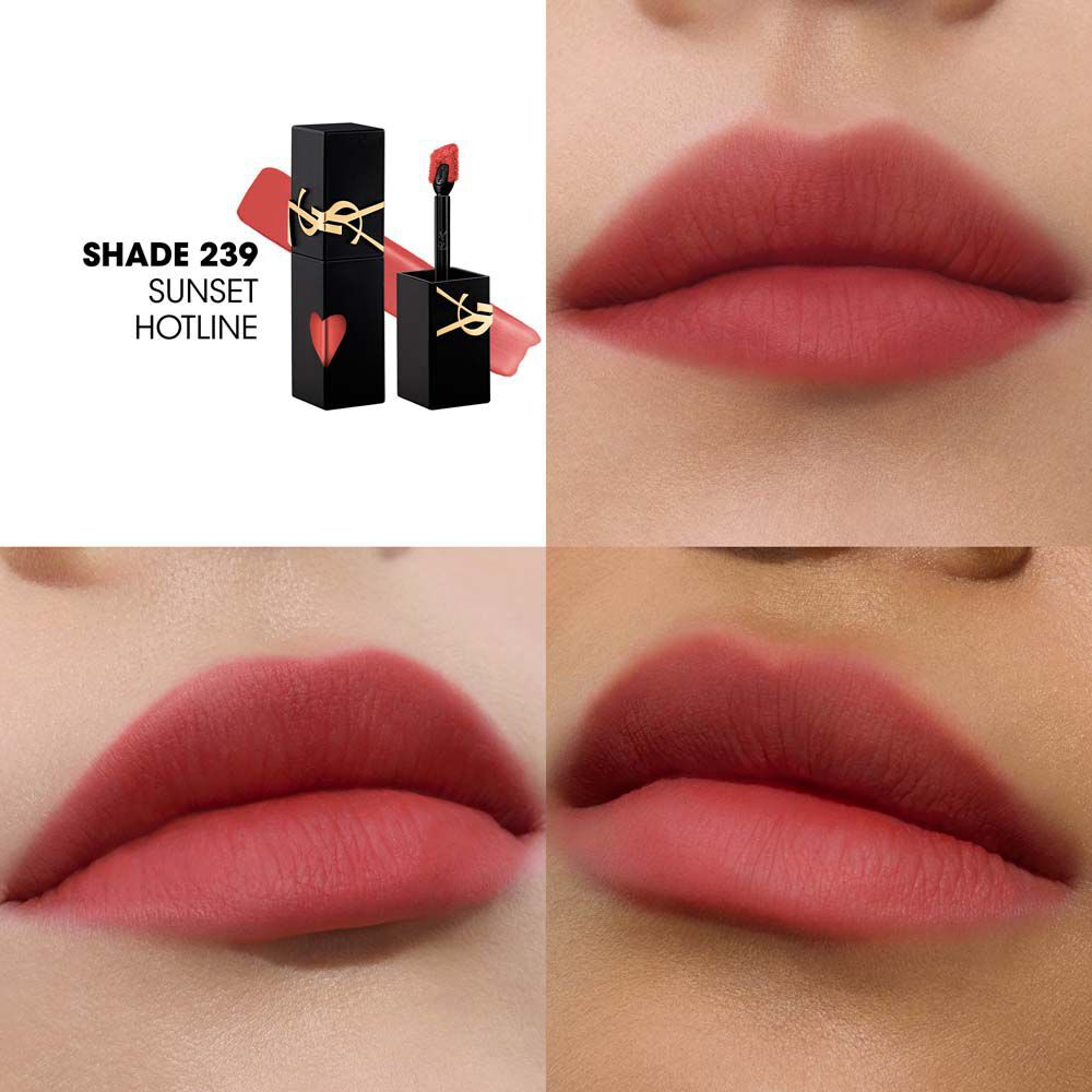 Collage met de YSL lipstain-fles en textuurstrook (linksboven), naast drie close-up lipstrookjes op verschillende huidtinten, waaronder een die met de applicator wordt aangebracht.