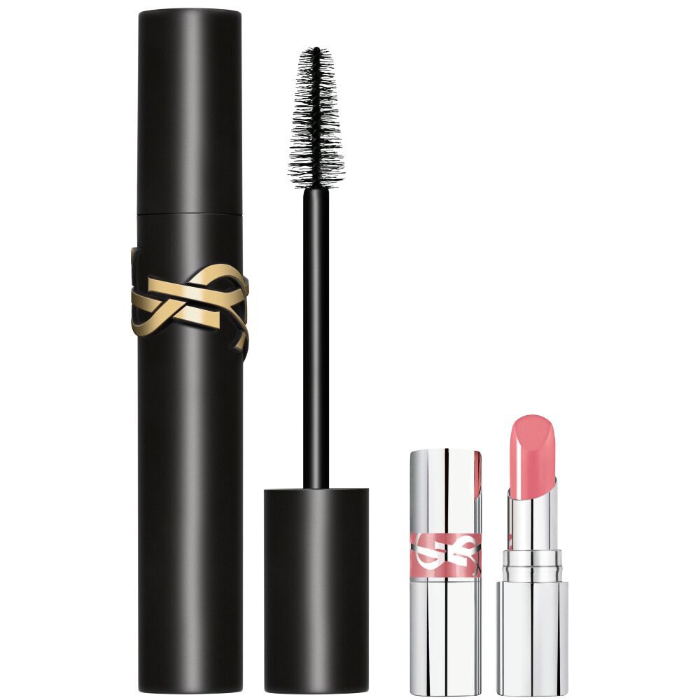 Close-up van YSL Lash Clash mascara en mini lovehsine 44 op een witte achtergrond.