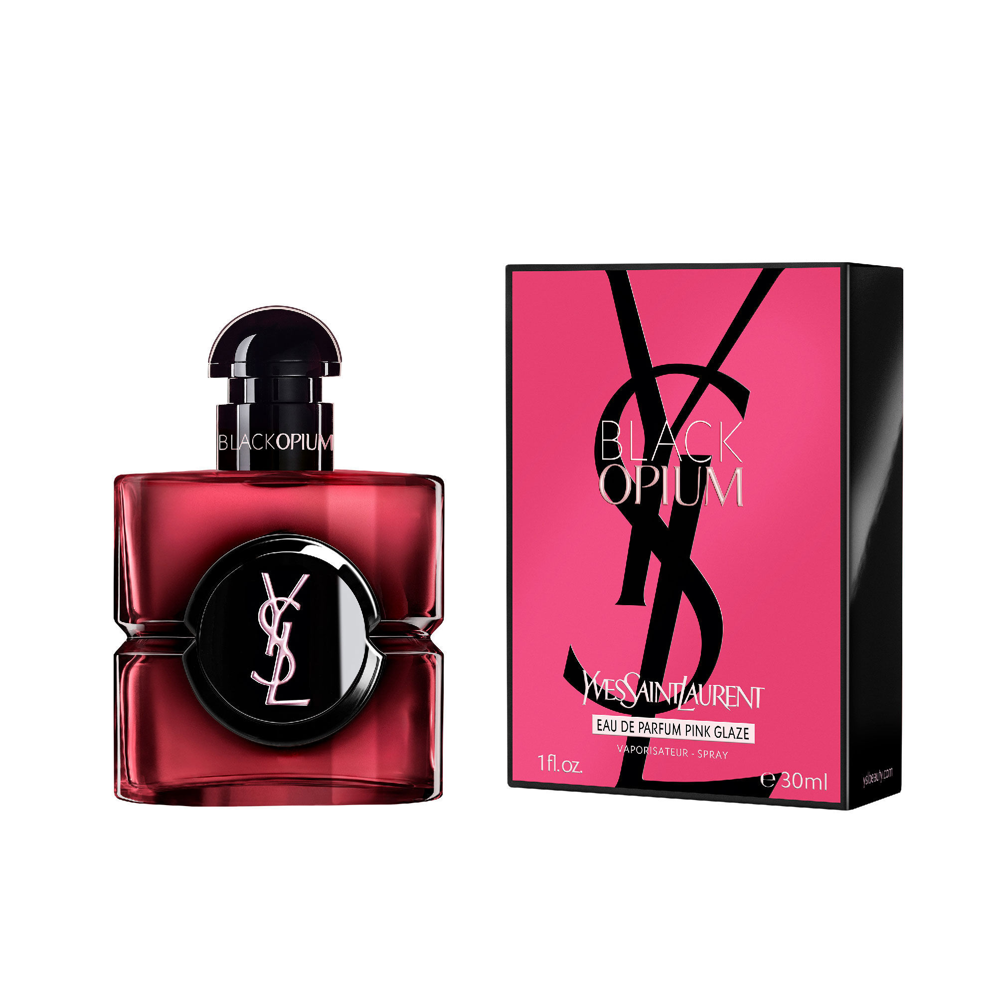 Black Opium Eau de Parfum Pink Glaze flacon naast de
                        fuchsiakleurige en zwarte doos met het YSL Cassandre-logo.