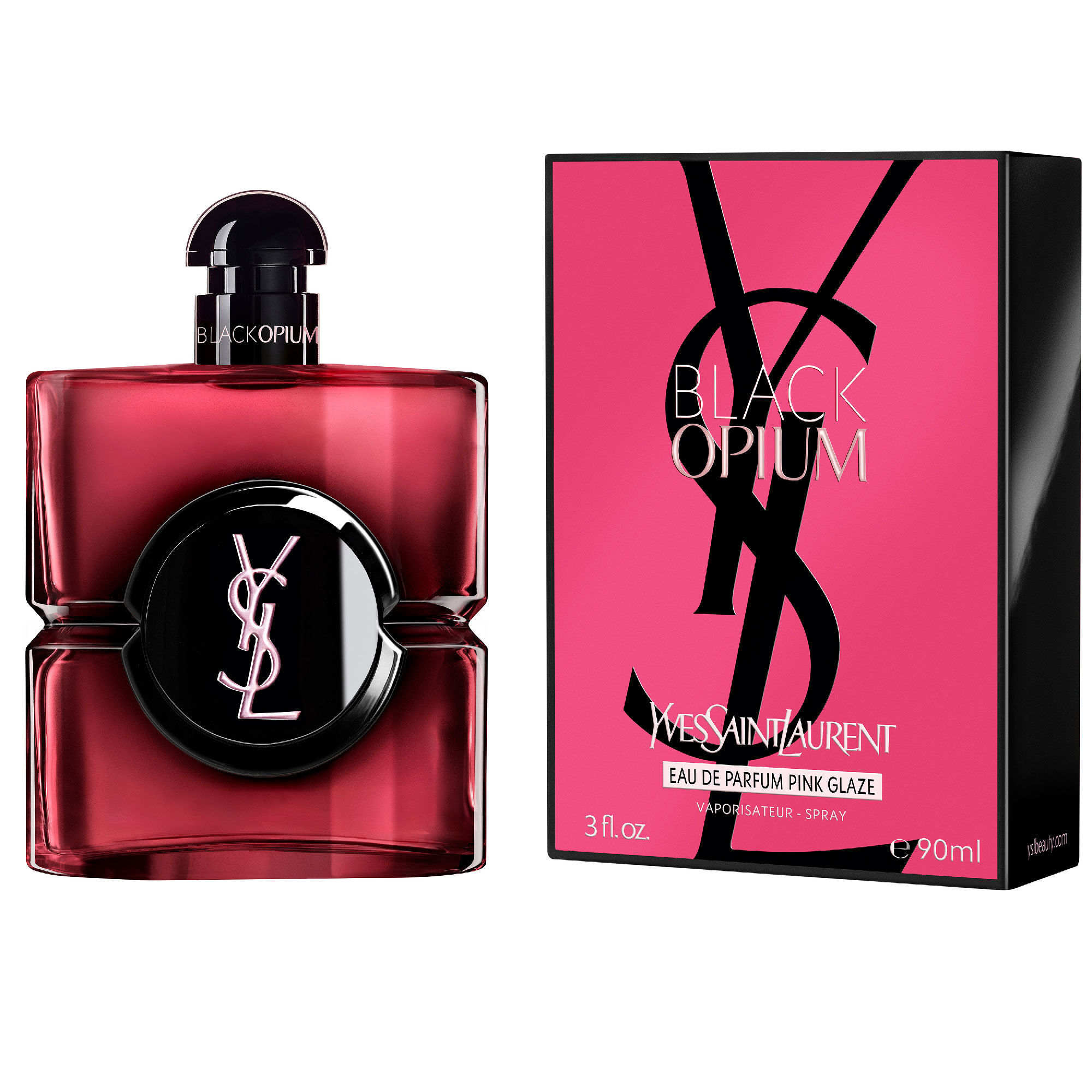 Black Opium Eau de Parfum Pink Glaze flacon naast de
                        fuchsiakleurige en zwarte doos met het YSL Cassandre-logo.
